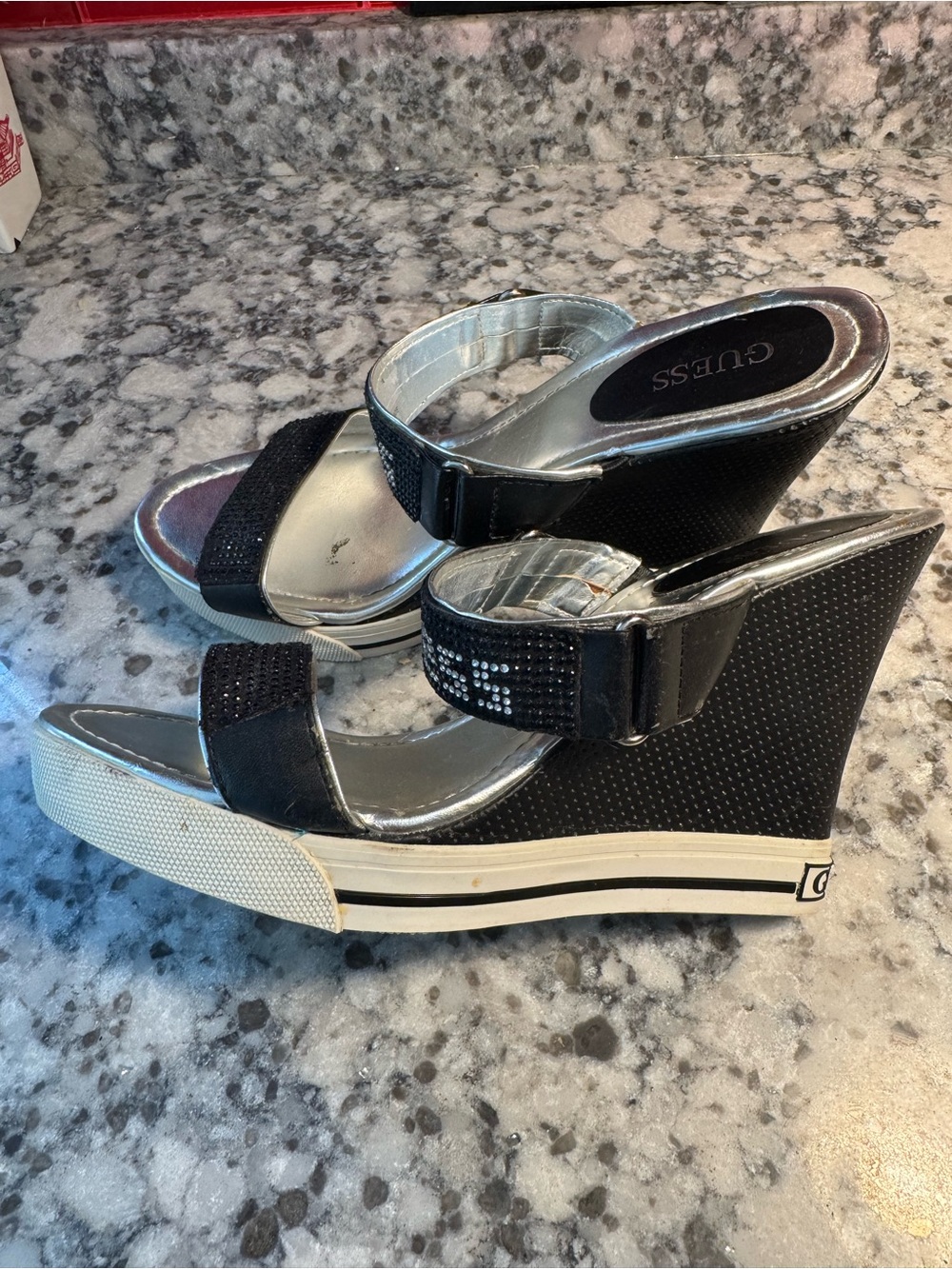 GUESS Black Sparkling Strap Wedge Sandals with Silver Footbed
